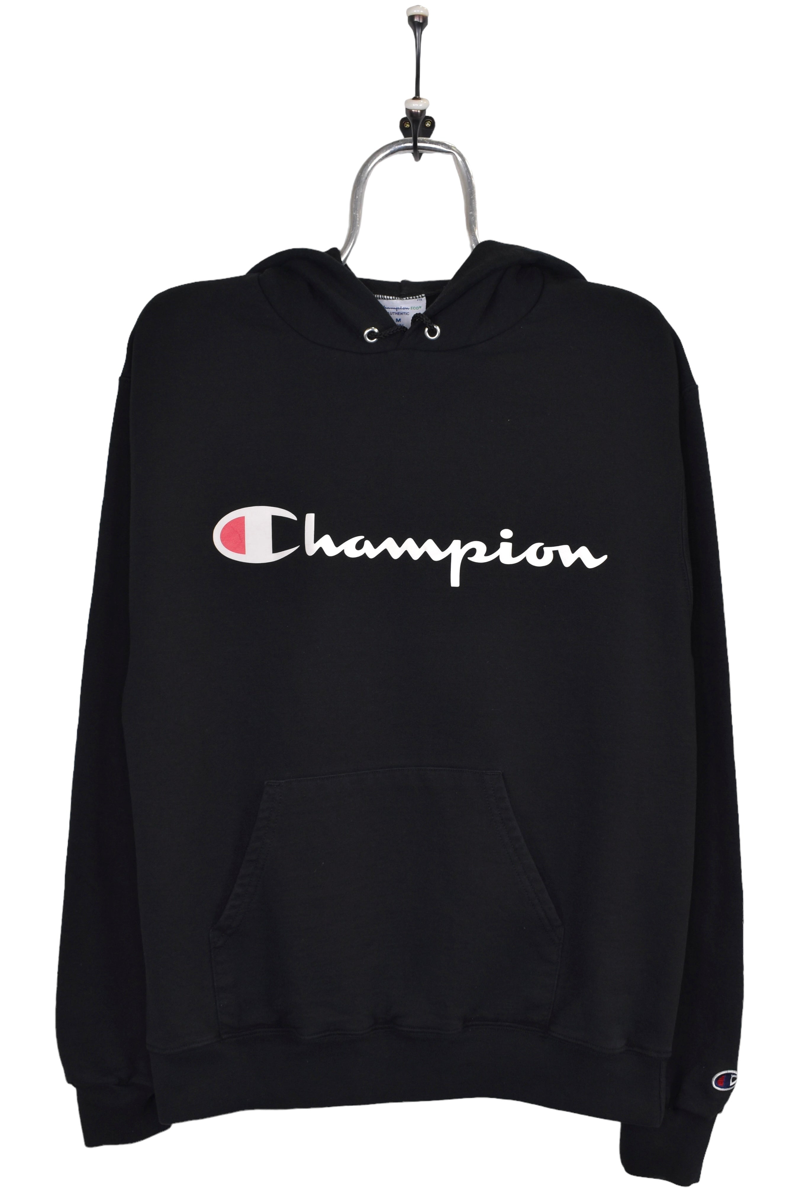 Modern Champion hoodie, black graphic sweatshirt - Medium