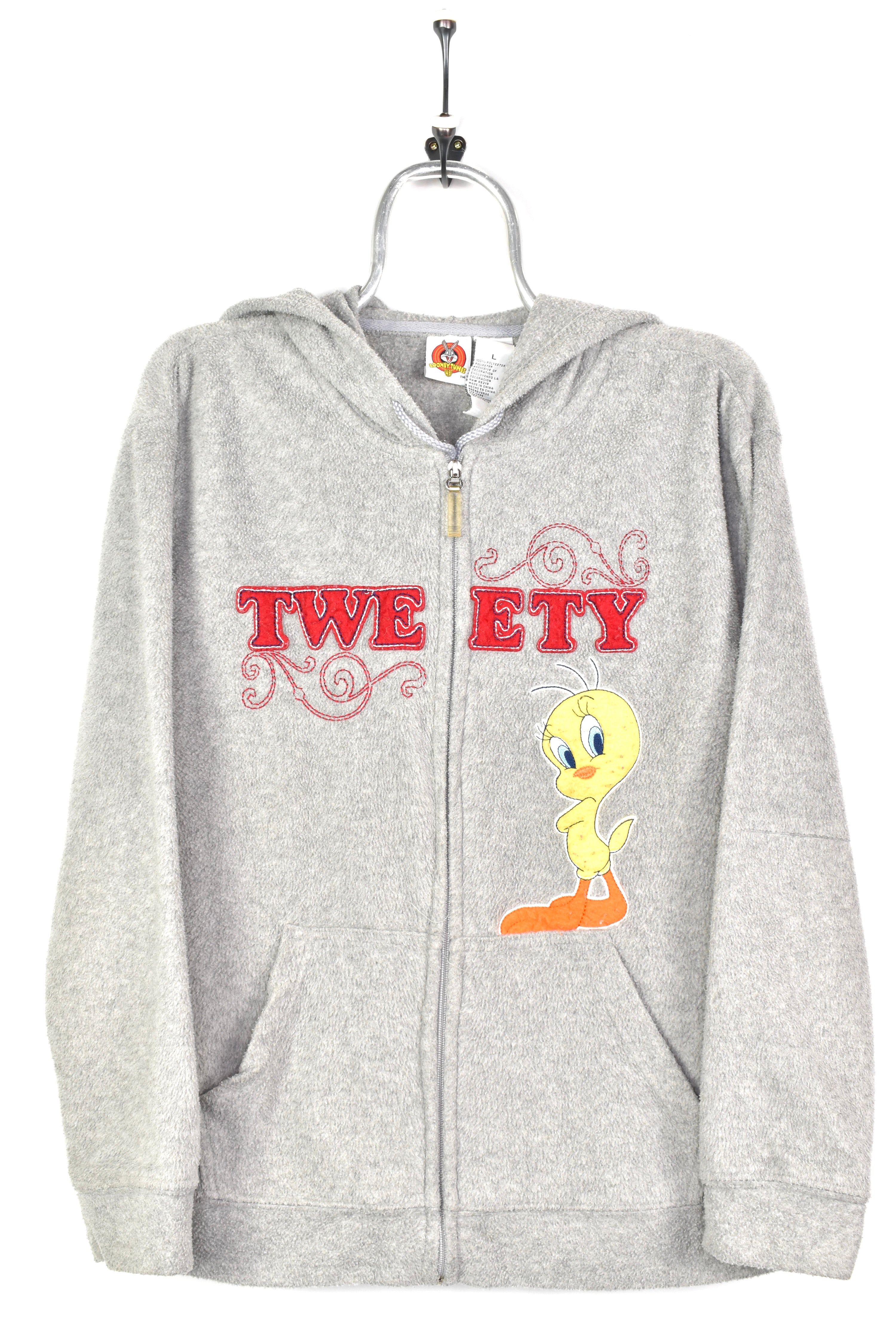 VINTAGE TWEETY EMBROIDERED FLEECE HOODIE | LARGE DISNEY / CARTOON