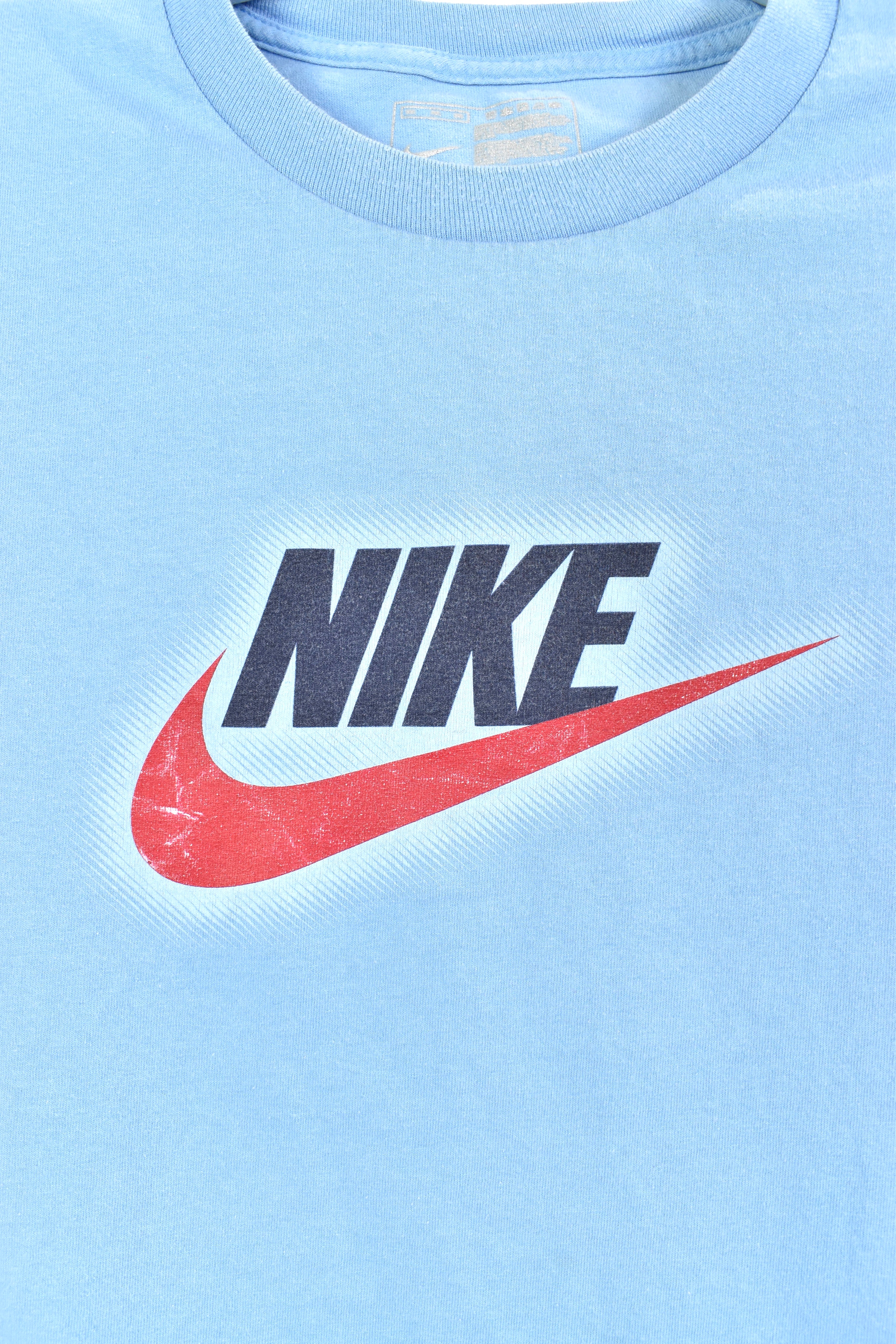 Vintage Nike shirt, big logo swoosh graphic tee - XL. light blue NIKE