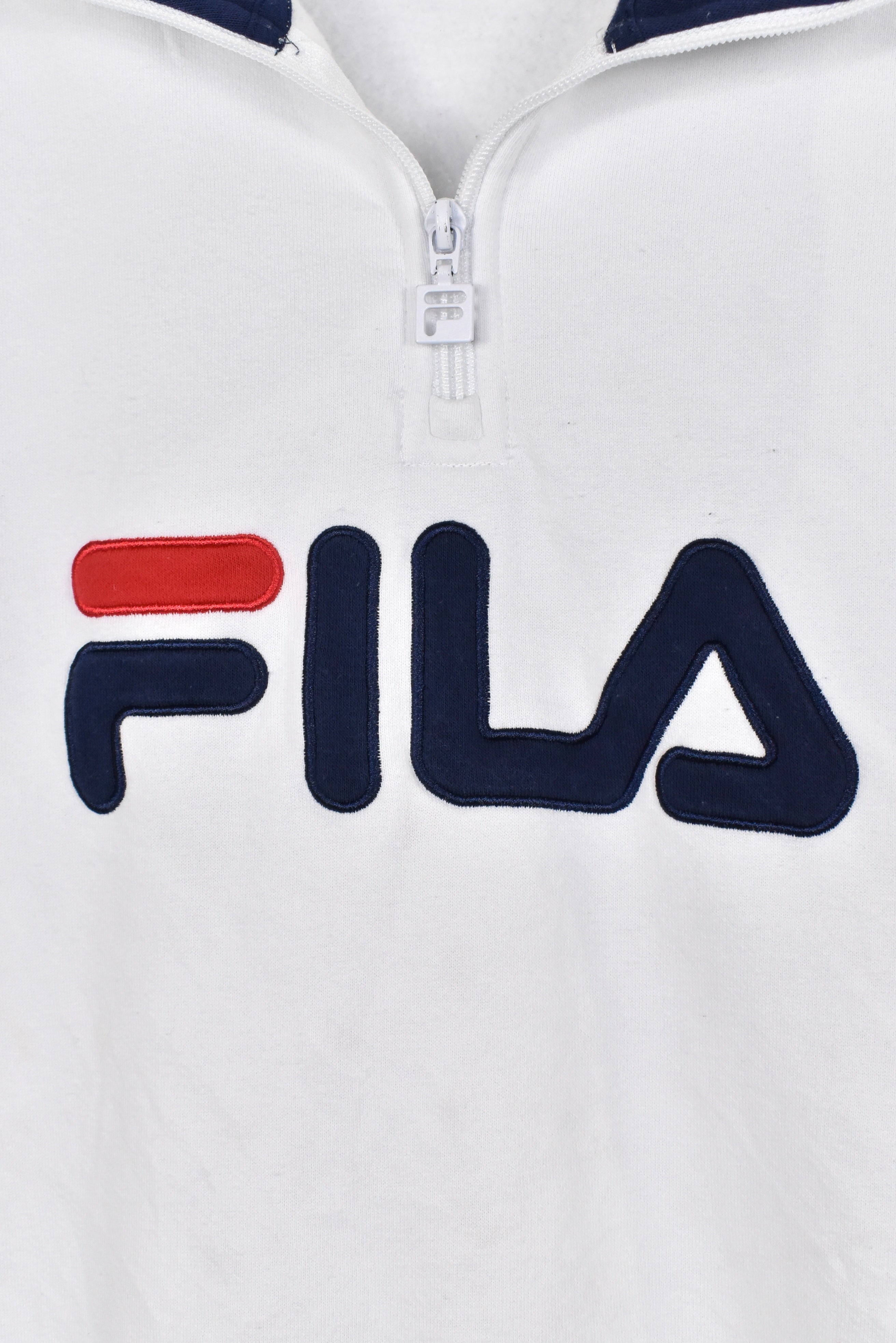 Women's vintage Fila sweatshirt, white embroidered 1/4 zip - AU Medium