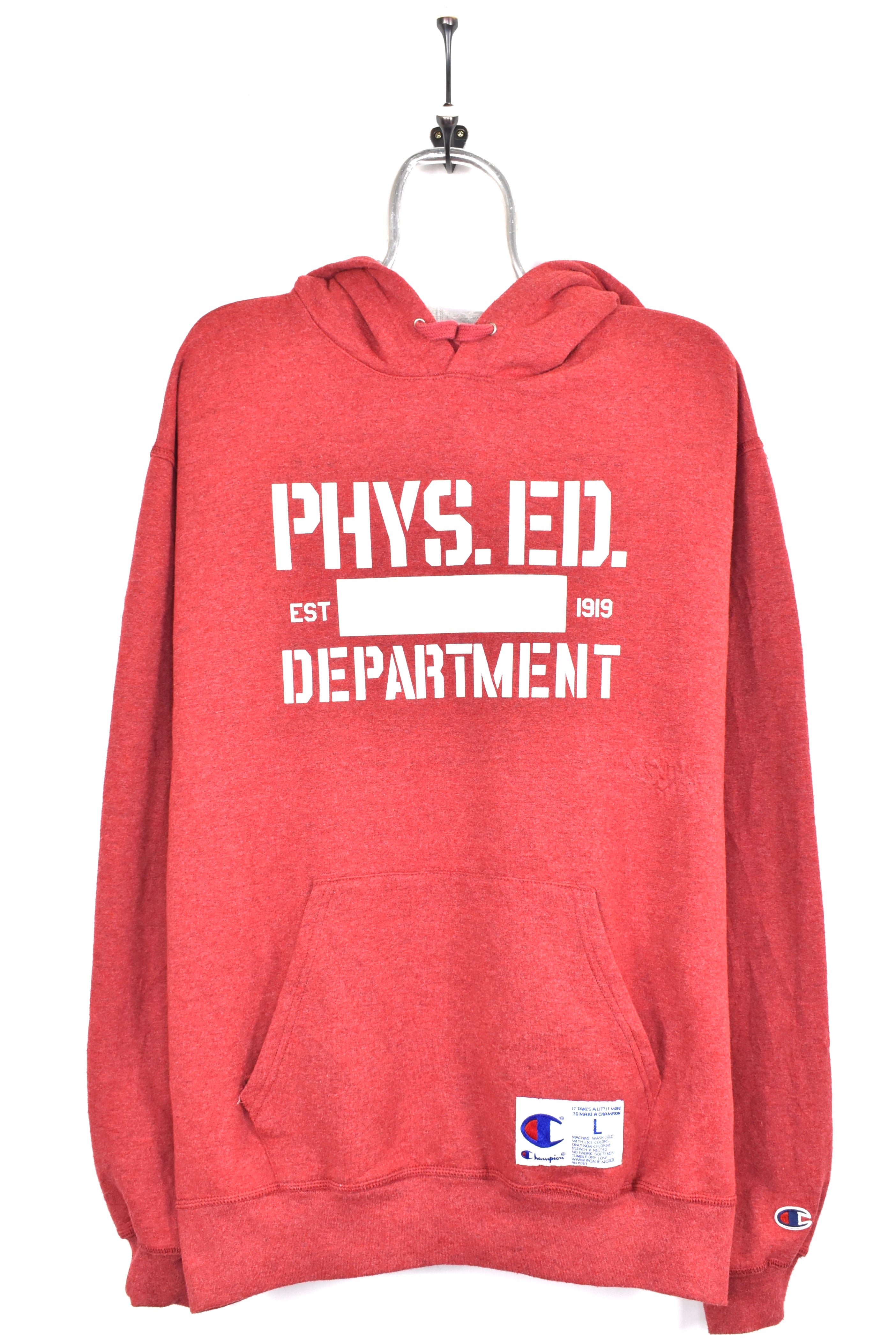 Modern Champion hoodie, red graphic sweatshirt - AU Large CHAMPION