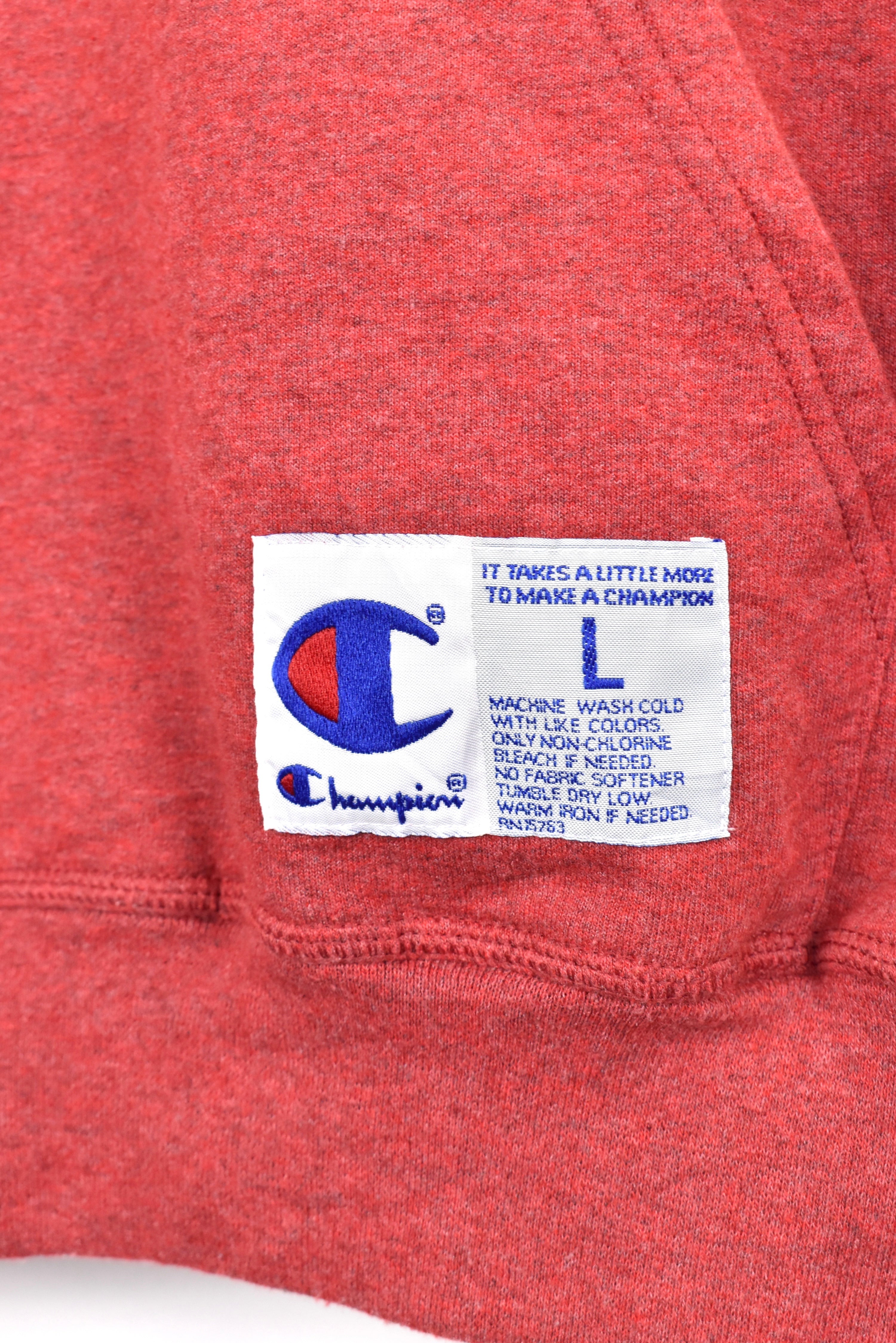 Modern Champion hoodie, red graphic sweatshirt - AU Large CHAMPION