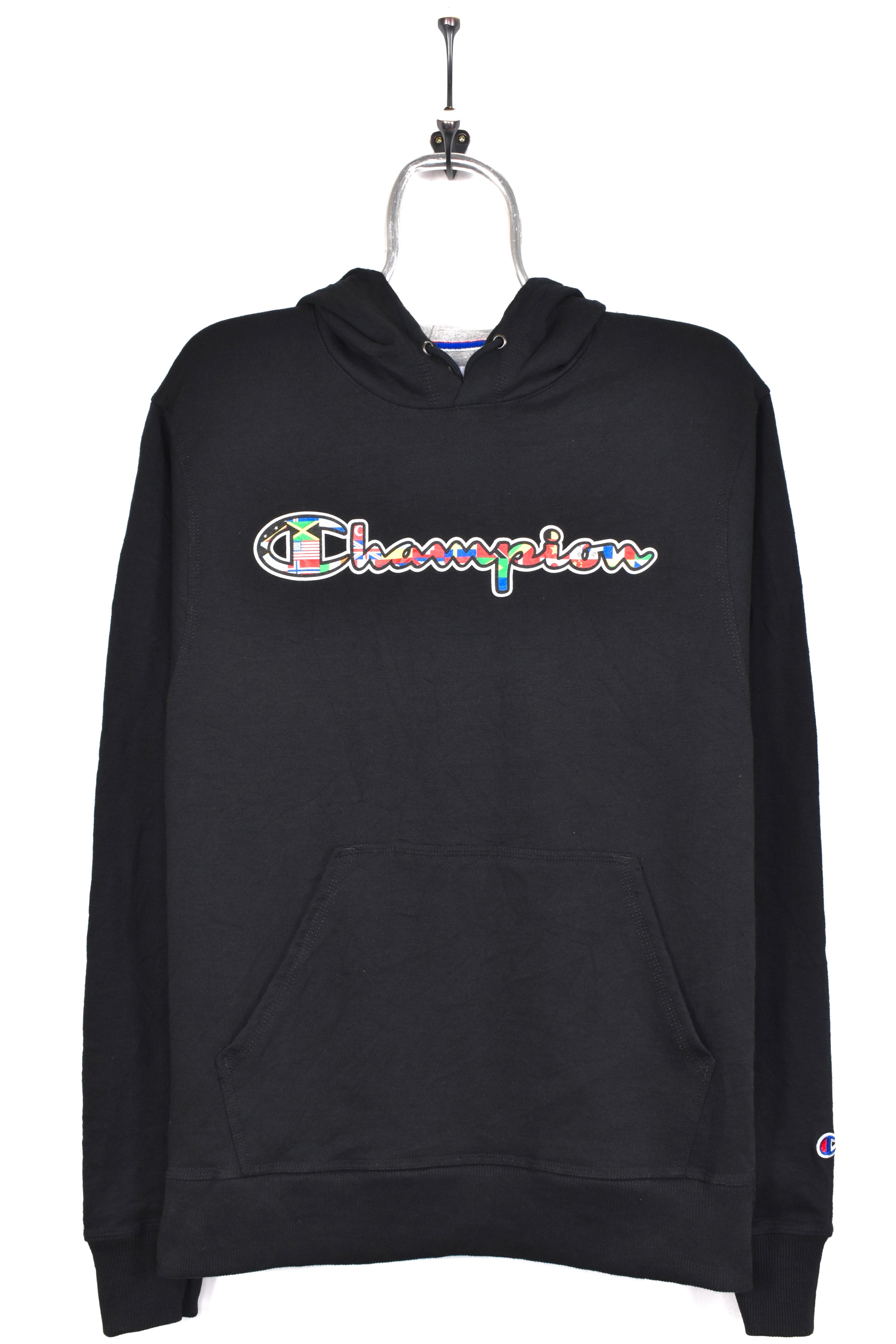 Modern Champion hoodie, black graphic sweatshirt - AU Small CHAMPION