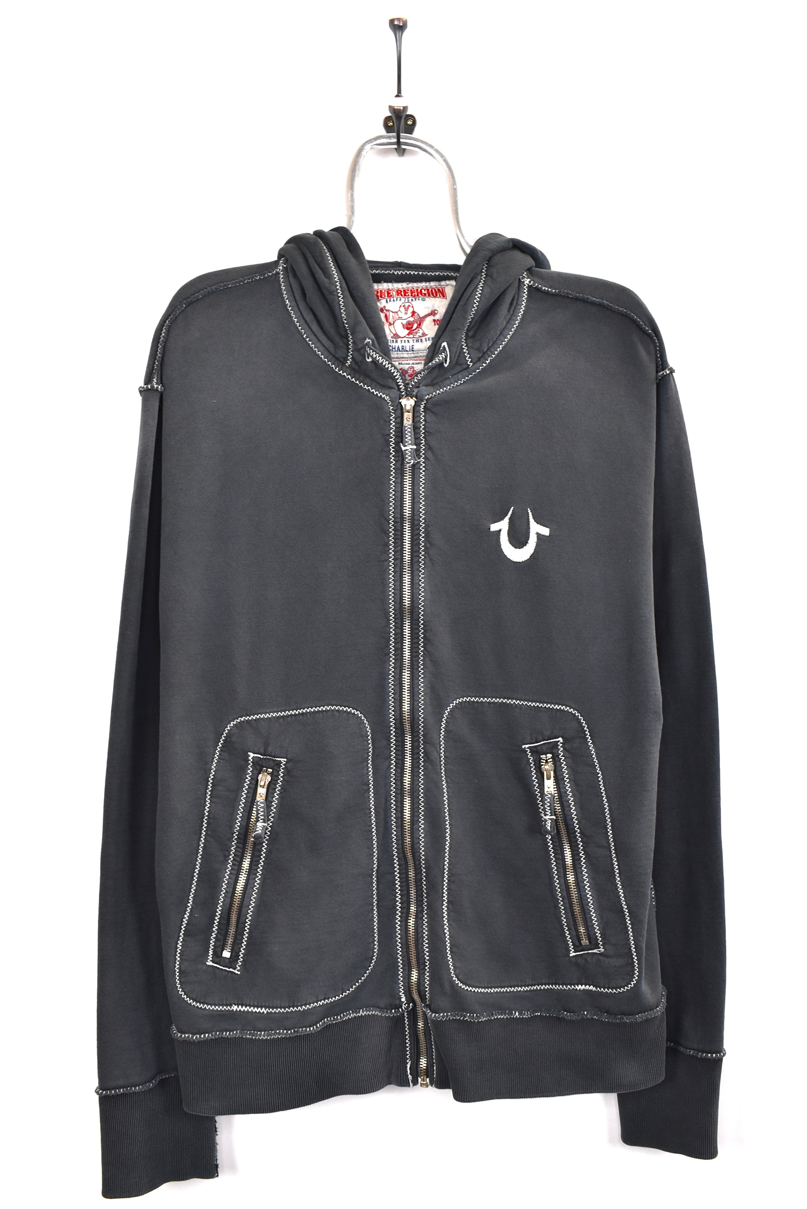 Women's vintage True Religion hoodie, y2k black embroidered sweatshirt - AU XXL OTHER