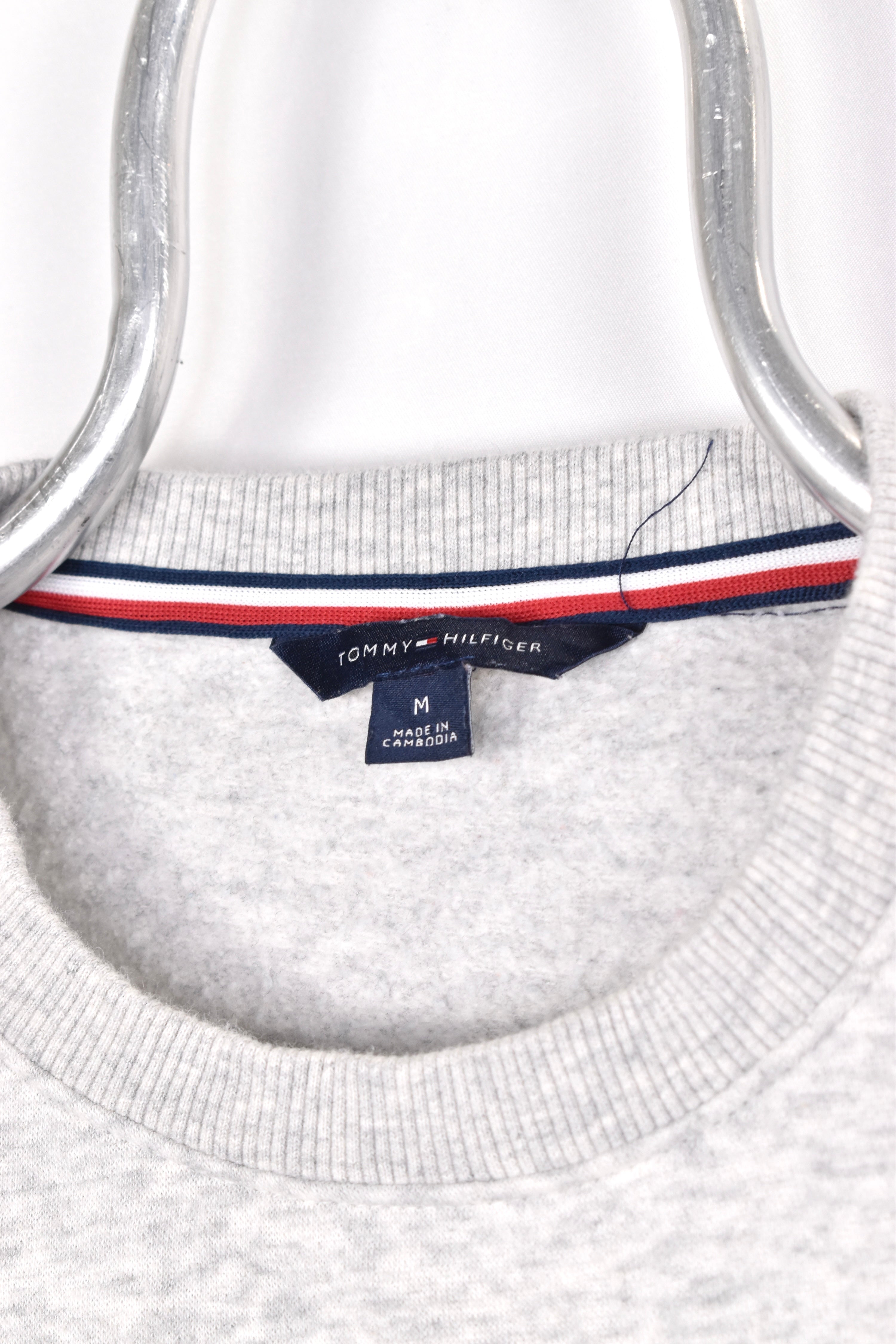 Women's vintage Tommy Hilfiger sweatshirt, grey striped crewneck - AU Medium TOMMY HILFIGER