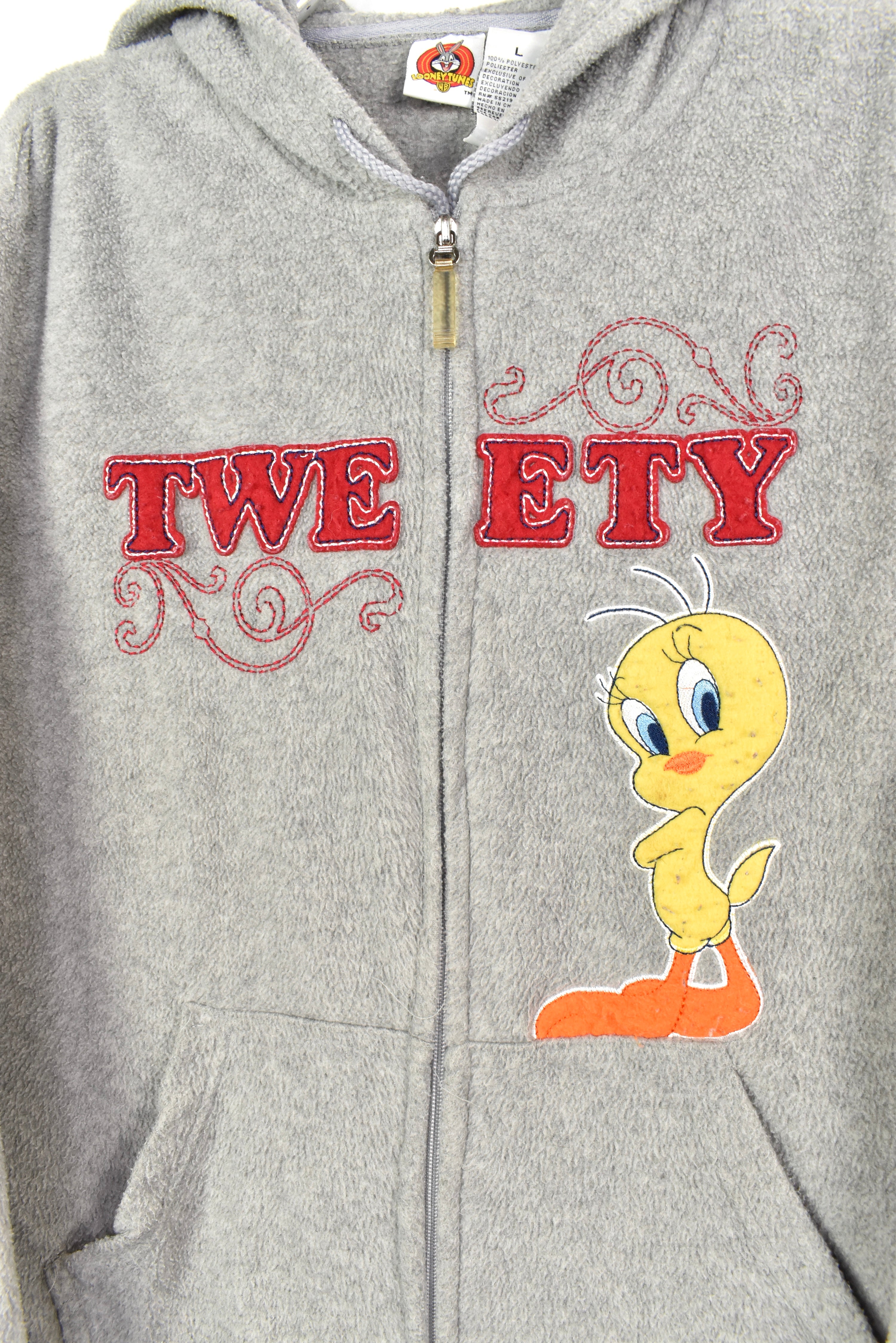 VINTAGE TWEETY EMBROIDERED FLEECE HOODIE | LARGE DISNEY / CARTOON