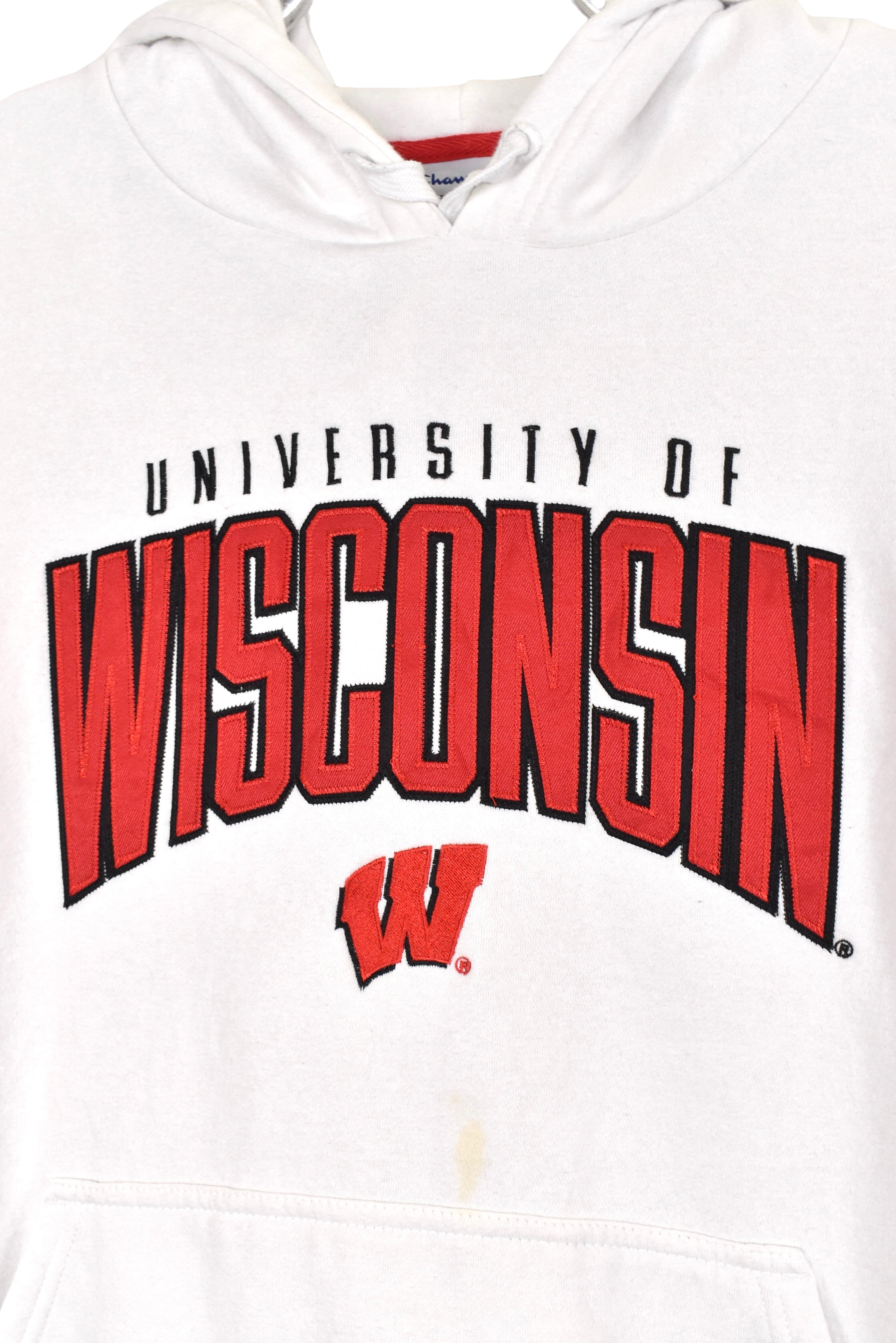 Modern University of Wisconsin hoodie, white embroidered sweatshirt - XL