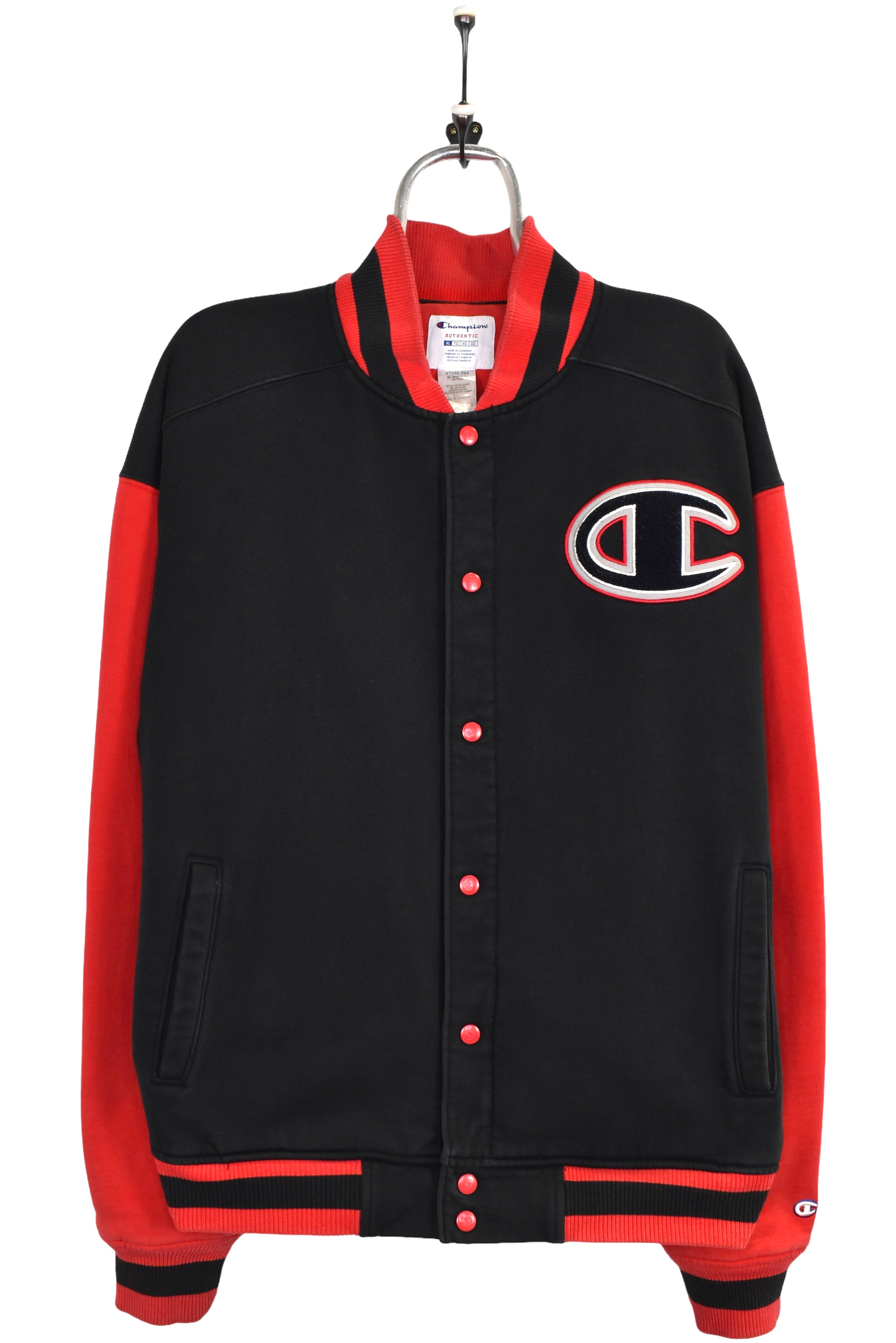 Vintage Champion jacket, black embroidered bomber - XL