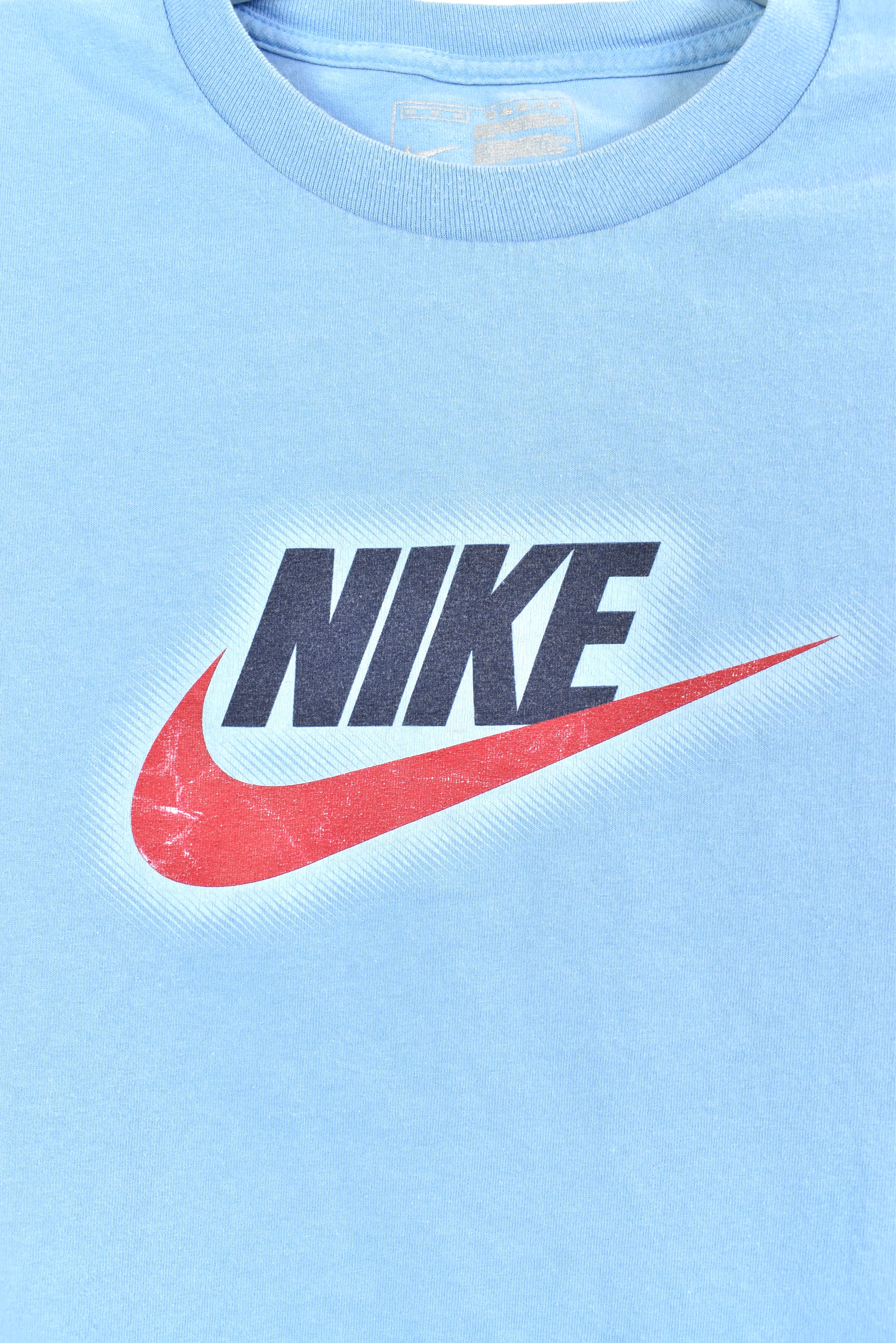 Vintage Nike shirt, big logo swoosh graphic tee - XL. light blue NIKE