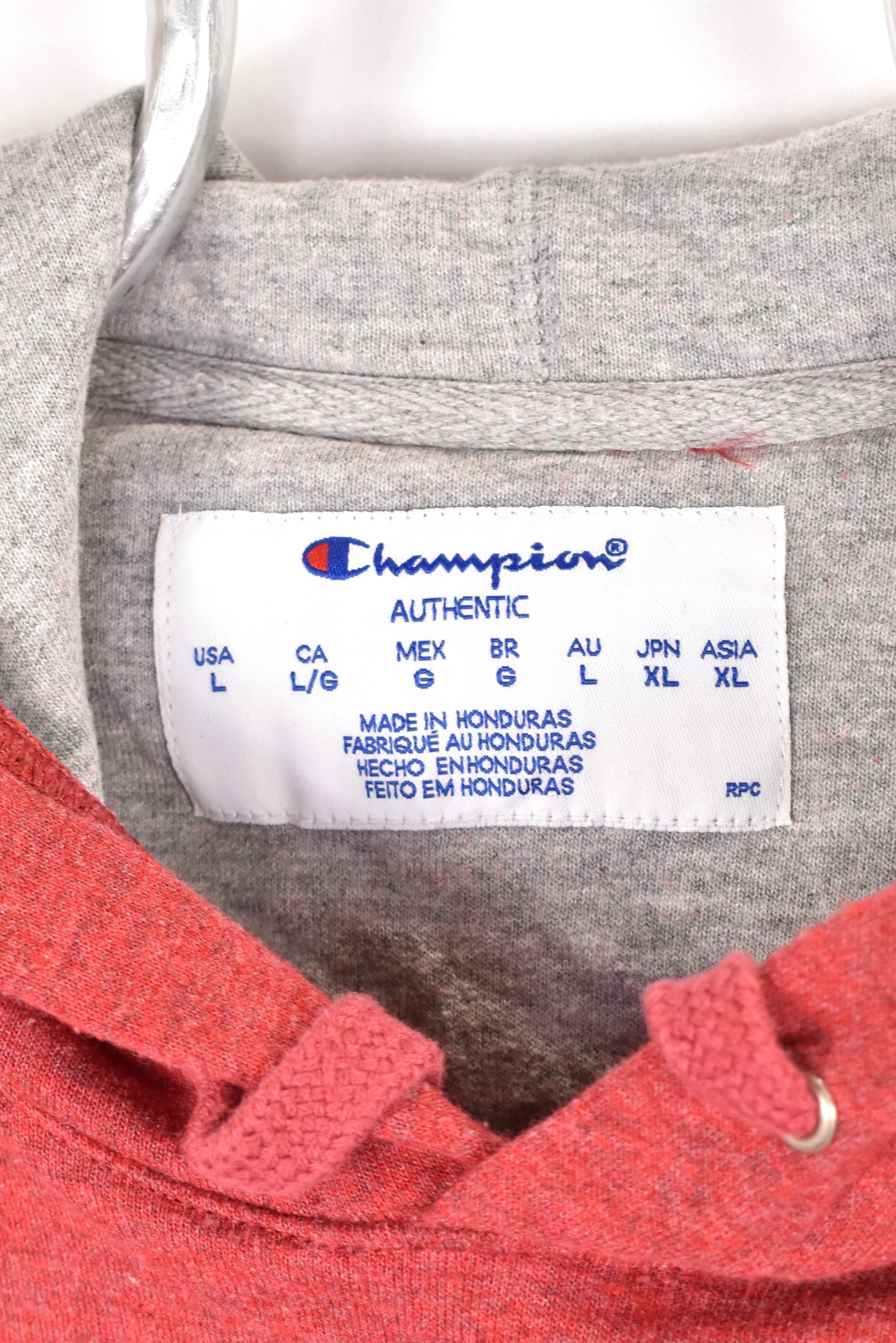 Modern Champion hoodie, red graphic sweatshirt - AU Large CHAMPION