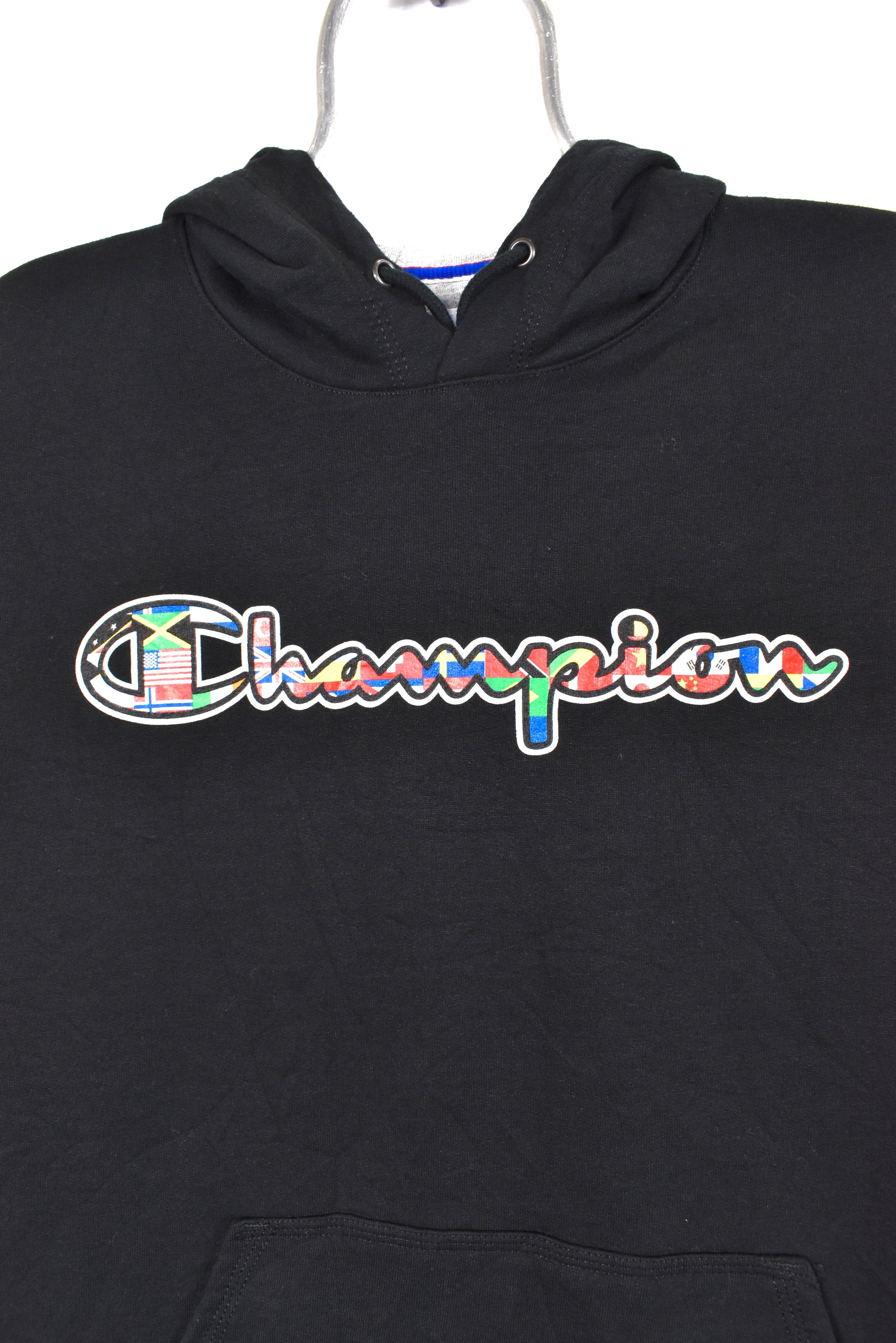 Modern Champion hoodie, black graphic sweatshirt - AU Small CHAMPION