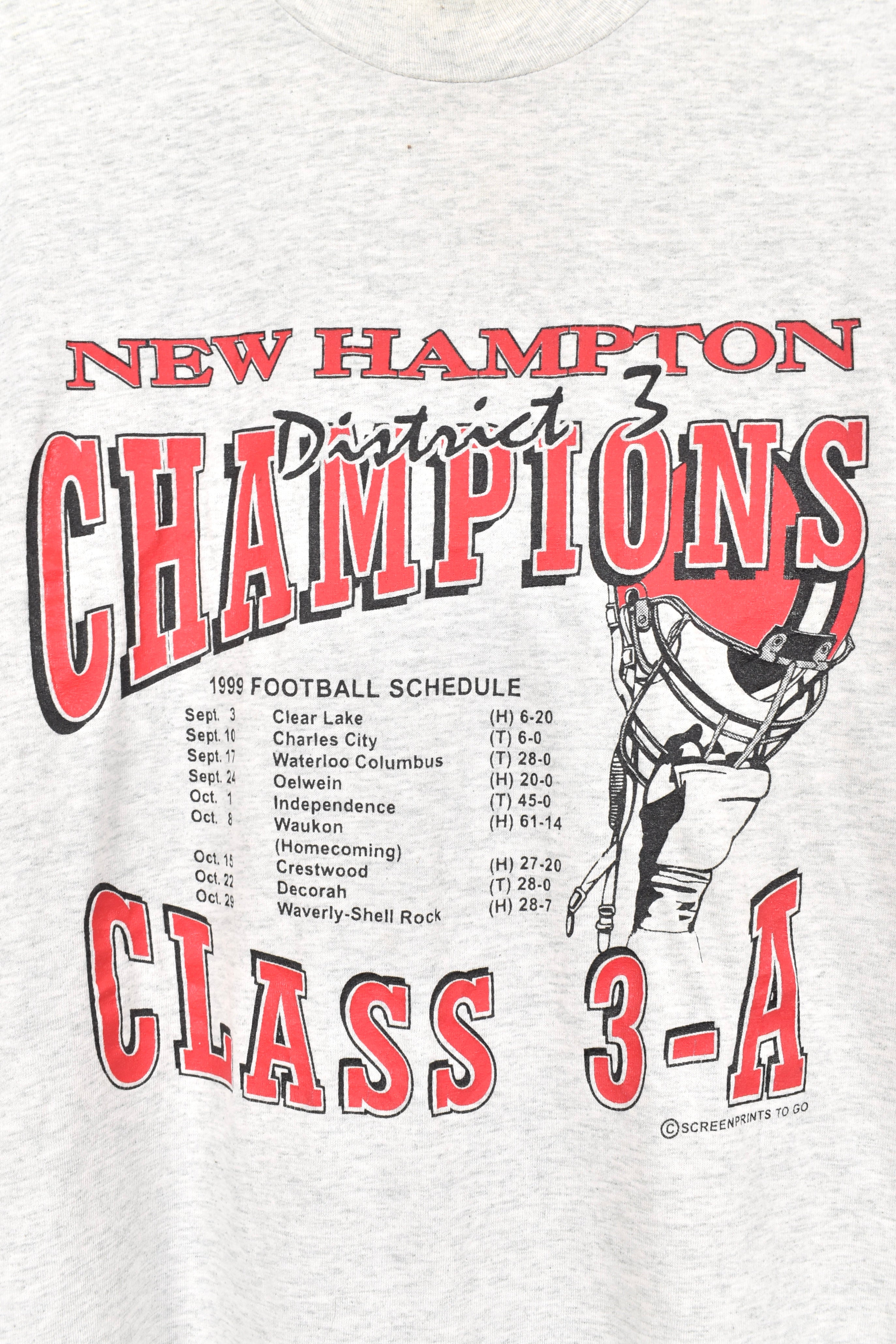 Vintage New Hampton football shirt, 1999 grey graphic tee - AU XL COLLEGE