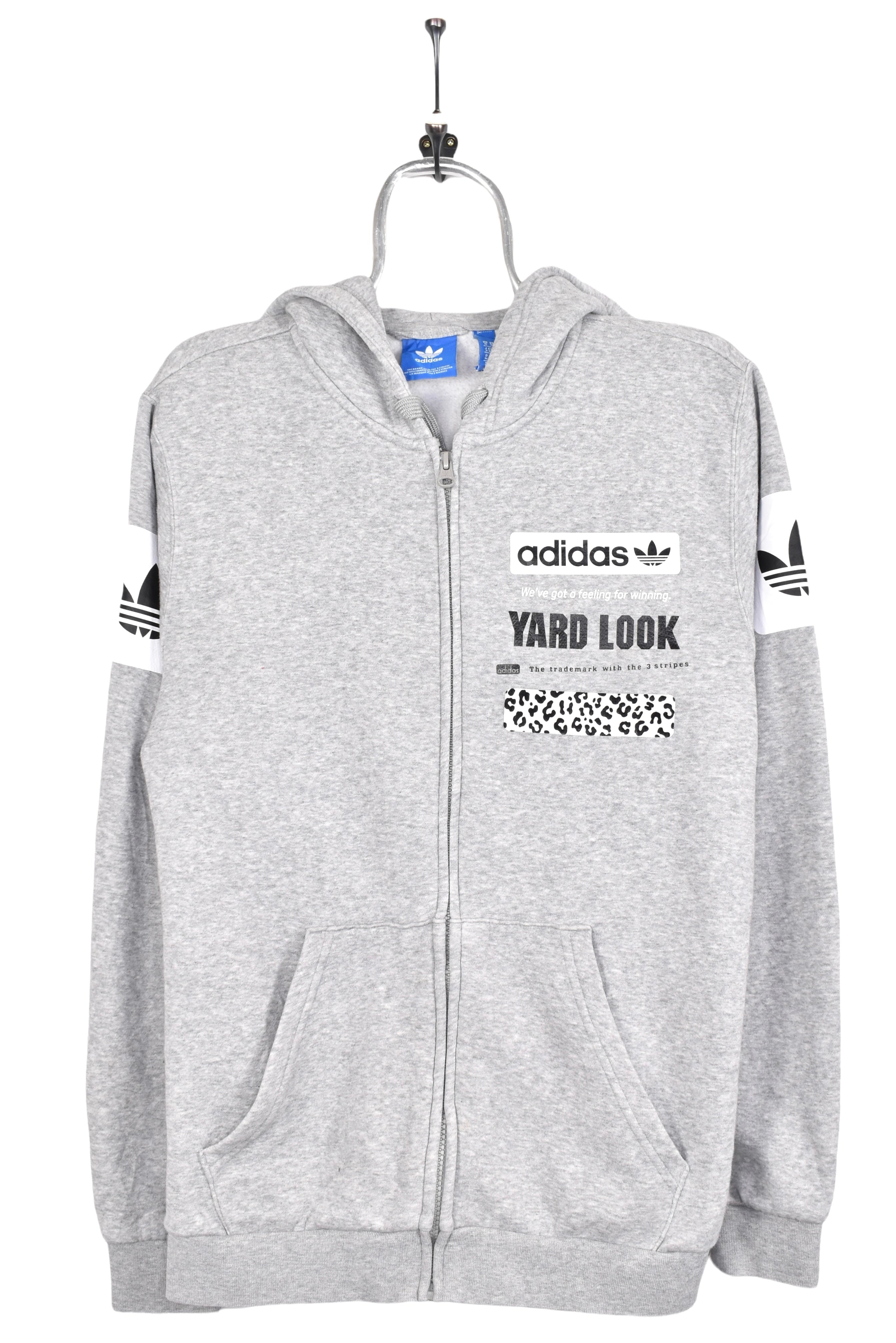 Women's modern Adidas hoodie, grey graphic sweatshirt - AU Large ADIDAS